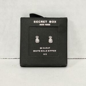 Secret Box Gold Dipped Pineapple CZ Stud Earrings NIB 1/8"x3/8"